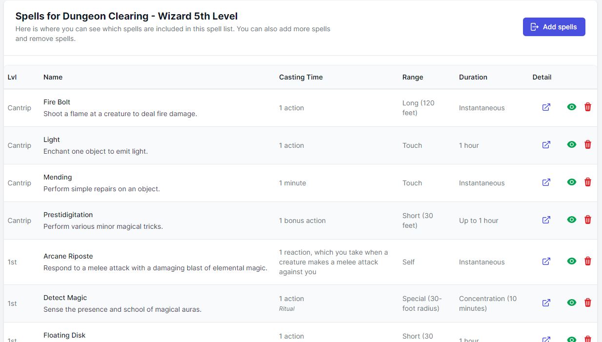 spell list table of spells